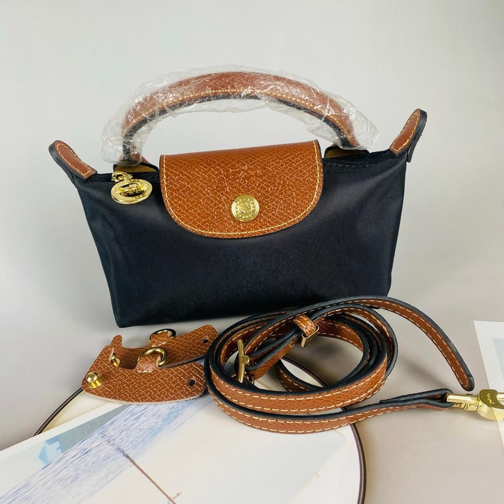 Longchamp Black Mini Top-Handle Bag with Brown Trim and Gold Hardware